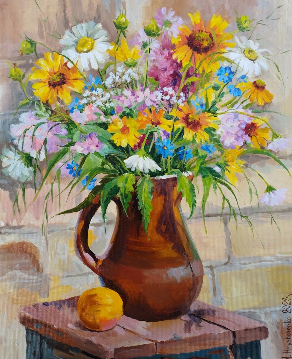油絵 絵画 【Wild flowers】 Original oil painting Wildflowers in vase on canvas floral