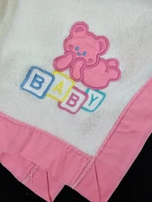 Cuddle Time Baby Blanket Pink Teddy Bear Building Blocks Pink Trim Vintage 1980s