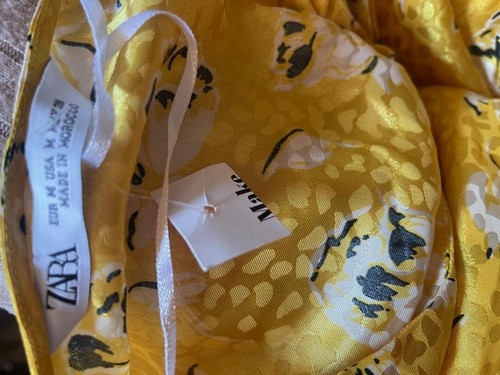 Zara Yellow Floral Dress Size M UK 12 10 Beaded Button Long Sleeve Boho V neck - Picture 18 of 21