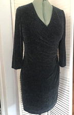 Chaps 12P Black Silver Metallic Stretch Faux Wrap Dress Fully Lined 3/4 Sleeves