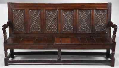 Antique Bench, Early English Carved Oak Settle, Rosette, Leaf