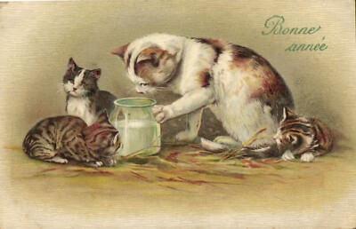 PC CATS, FROHES NEUES JAHR, CATS WITH MILK, Vintage Postkarte (b47192)