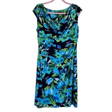 Ralph Lauren Green Blue Floral Ruched Mini Dress Womens 14 Sheath Preppy Classic