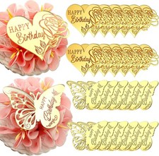 Happy Birthday Cake Decorations, 24 Pieces Gold Mirror Acrylic Toppers, Rose Hea