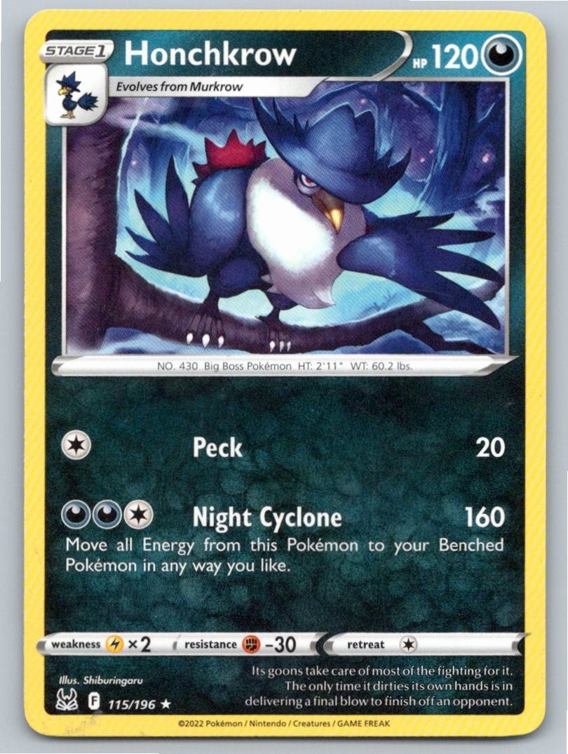 2022 POKEMON HONCHKROW LOST ORIGIN 115/196 R LP A83579 FREE S&H