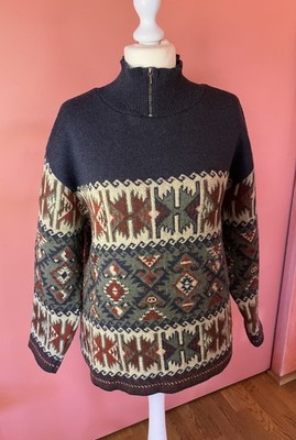 Warmer Pullover Strick Designer Tandem Gr. 42 blau beige gemustert reine Wolle 