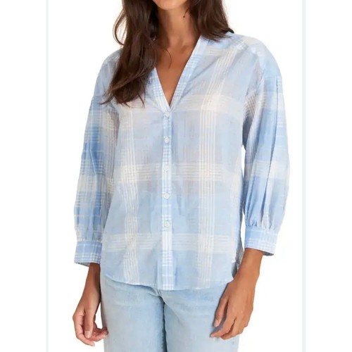 Veronica Beard Harris Blue White Plaid V-Neck Button Front Blouse Size XS
