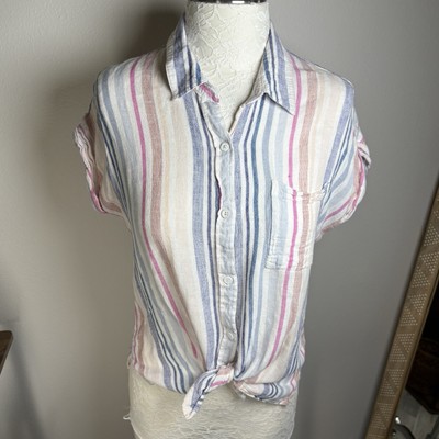 Thread & Supply Women s Multi Color Striped Cap Sleeve Button Down Shirt Size S