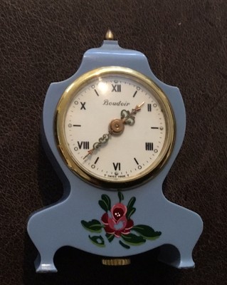 Vintage Blue Art Deco Miniature Mantle Clock Swiss Made -Boudoir- Luminous Hands