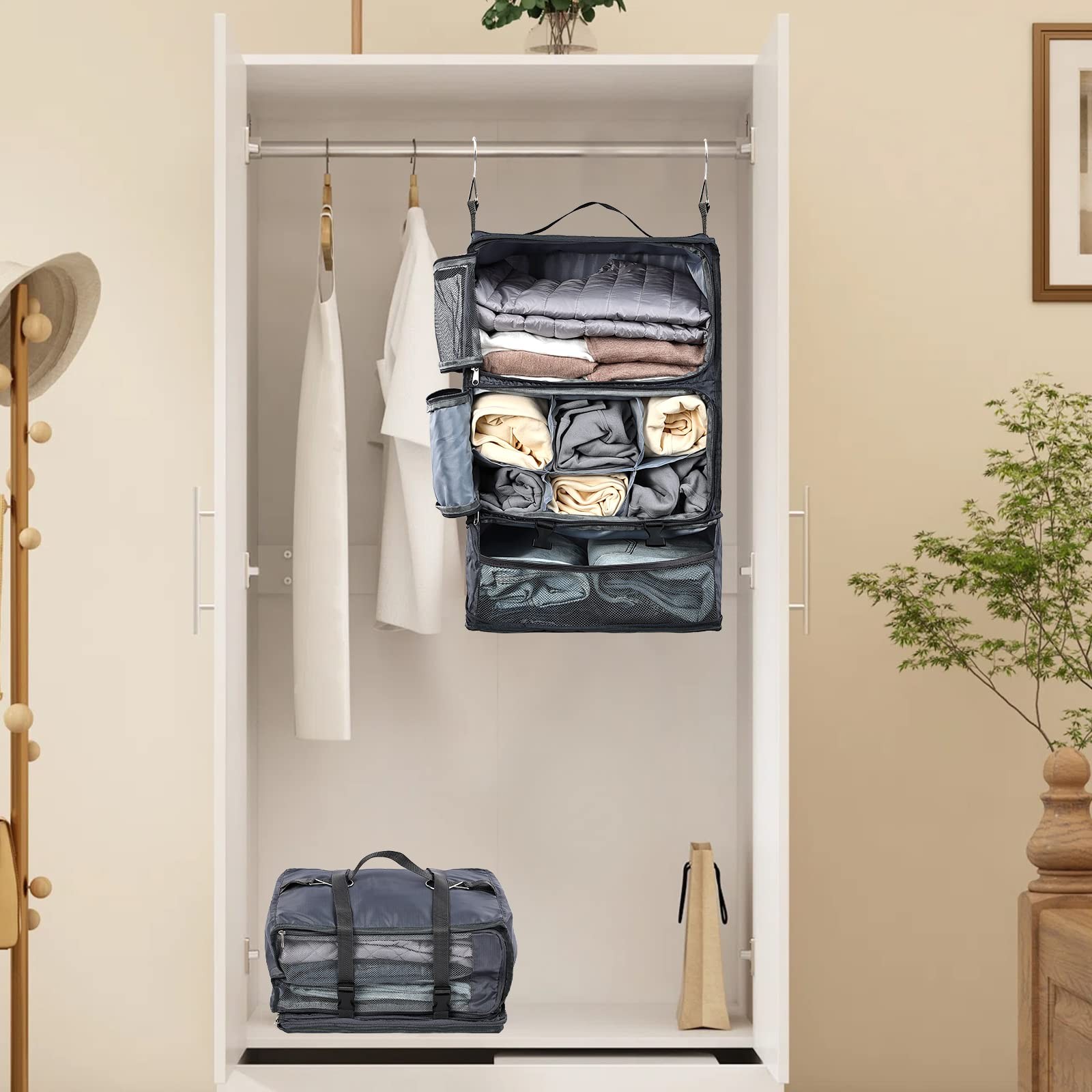 Travel Portable Hanging Shelves Closet Organizer Packing Luggage Storage with...