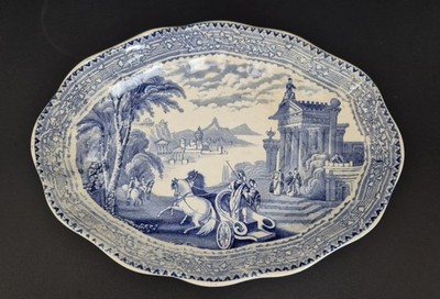 Hübsches 19c blaues Transfergeschirr ARCADIAN CHARIOTS flache Schale oder Schüssel sehr guter Zustand