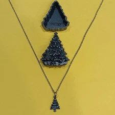 Torino Vintage Pewter Box Christmas Tree Necklace, Earrings & Brooch Set