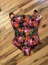 Shade Shore Woman s Full Coverage Floral Maroon 1 Piece Swimsuit Size L 12/14