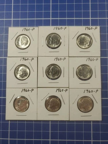1960-P Gem Brilliant Uncirculated Silver Roosevelt Dimes - Lot Of 9 - 20.25g ASW