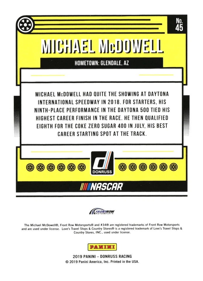 2019 Panini Donruss Racing #45 Michael Mcdowell /299 - Image 2 of 2