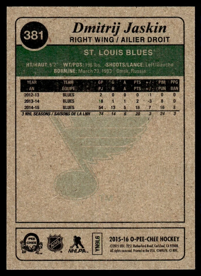 2015-16 O-Pee-Chee Retro Dmitrij Jaskin St. Louis Blues #381 - Image 2 of 2