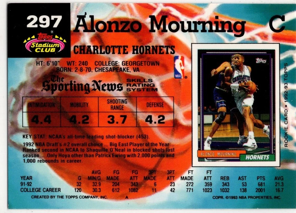 1992-93 Topps Stadium Club Basketball Alonzo Mourning No. 297 Charlotte Hornets - Bild 2 von 2