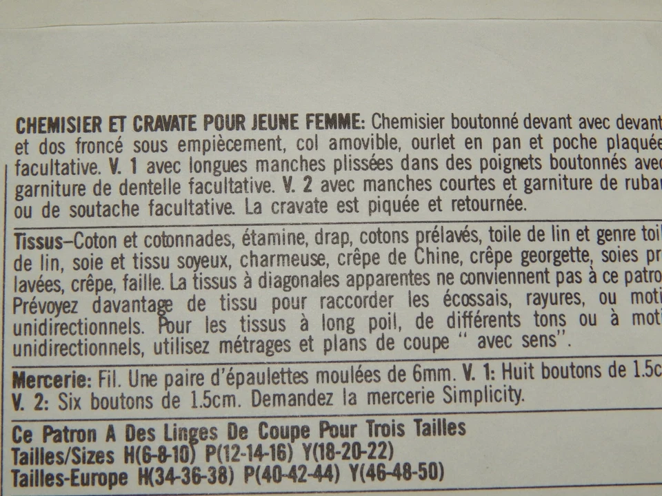 Simplicity 8558 Shirt Bow Tie Button Up Sewing Pattern Ladies 18 20 22 UC Loose - Image 4 of 4