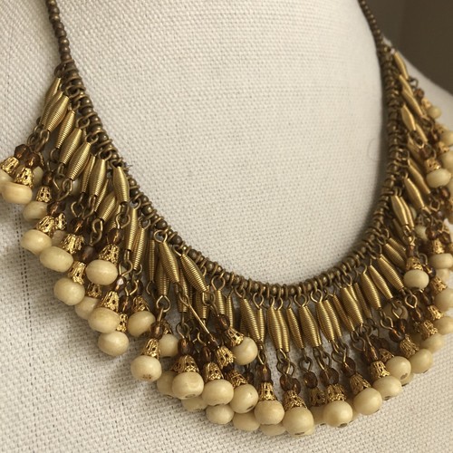 Artisan Ann Cichon Dallas Gold Wire Beaded Statement Necklace Bib - Picture 2 of 7