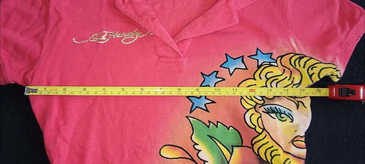 Ed Hardy Collared Red Blonde Lady Rose Top Size Small Brand