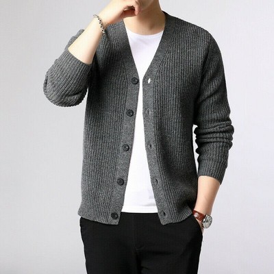 Herren Strickweste Knopfleiste Cardigan Warm Ripp Pullover Langarm