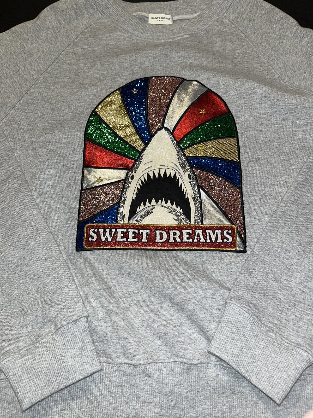 FELPA MAGLIONE SAINT LAURENT PARIS SWEET DREAMS SHARK GRIGIO PELLE GLITTER