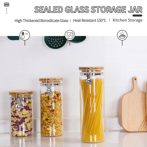 Pasta Storage Jars Spaghetti Container Glass with Bamboo Lid Airtight Dry Food - Picture 6 of 8