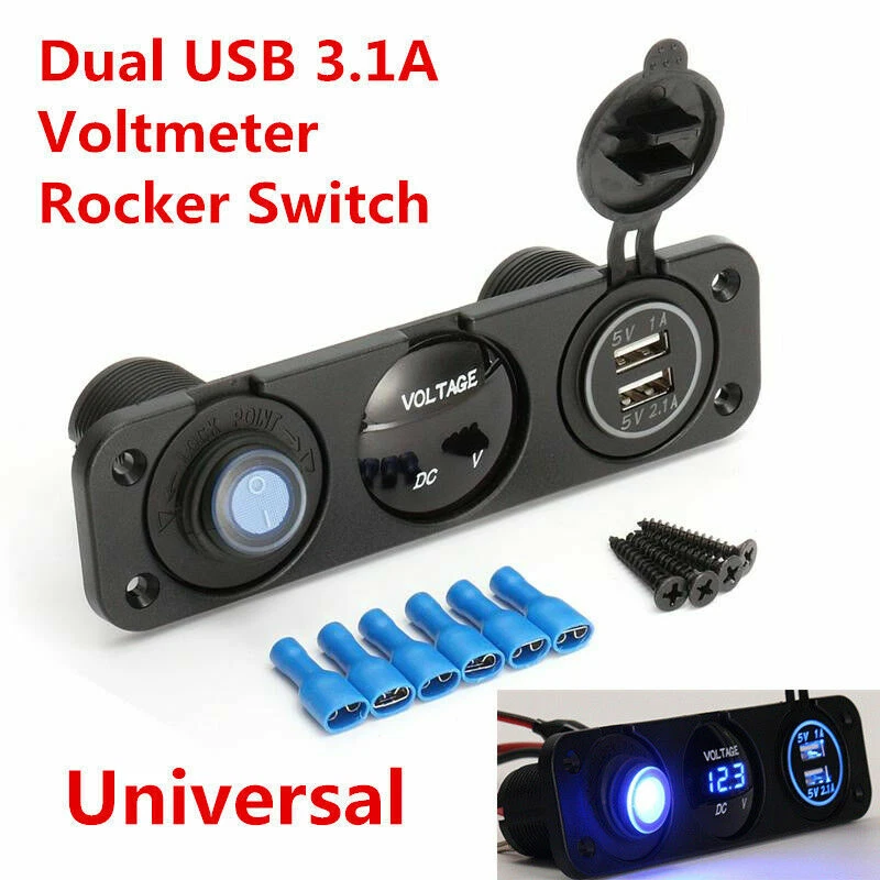 Universal 12V Voltmeter Blue LED Dual USB 3.1A Car Charger Rocker Switch Panel - Image 2 of 4
