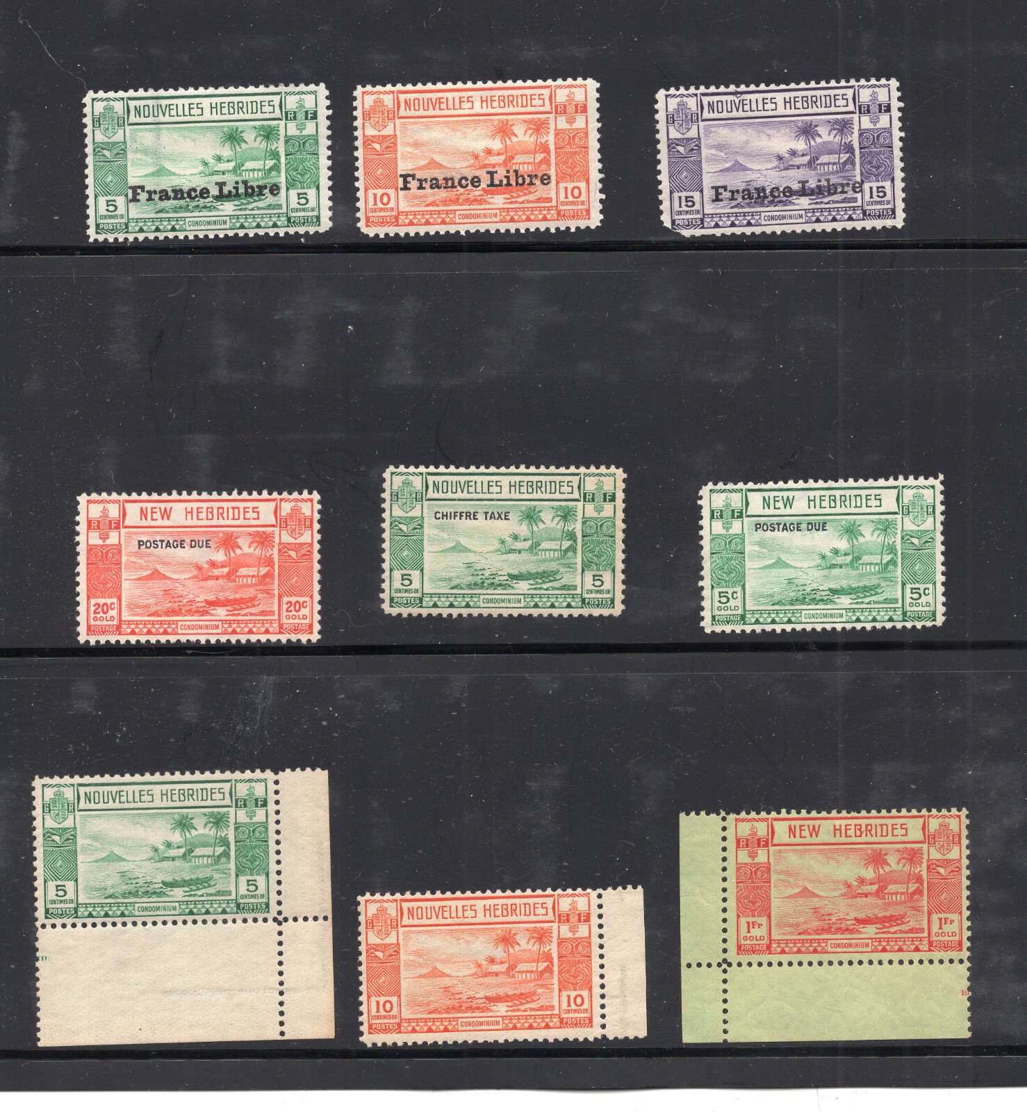 9pc NEW HEBRIDES STAMPS OVERPRINT FRANCE LIBRE CHTAX POSTAGE DUE ID