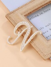 Initial Letter N Pearl Brooch-Pin Fashion Costume Jewelry