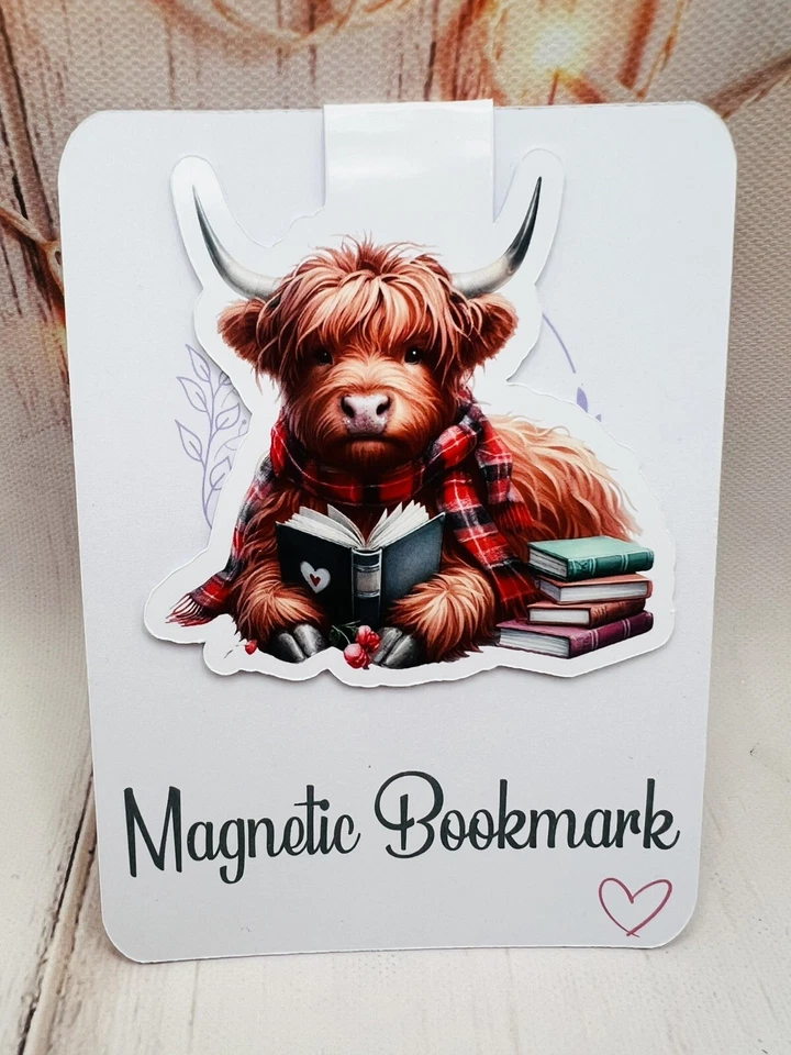 Magnetic Bookmark, books, reading, handmade, Gift. Highland Cow Reading Design