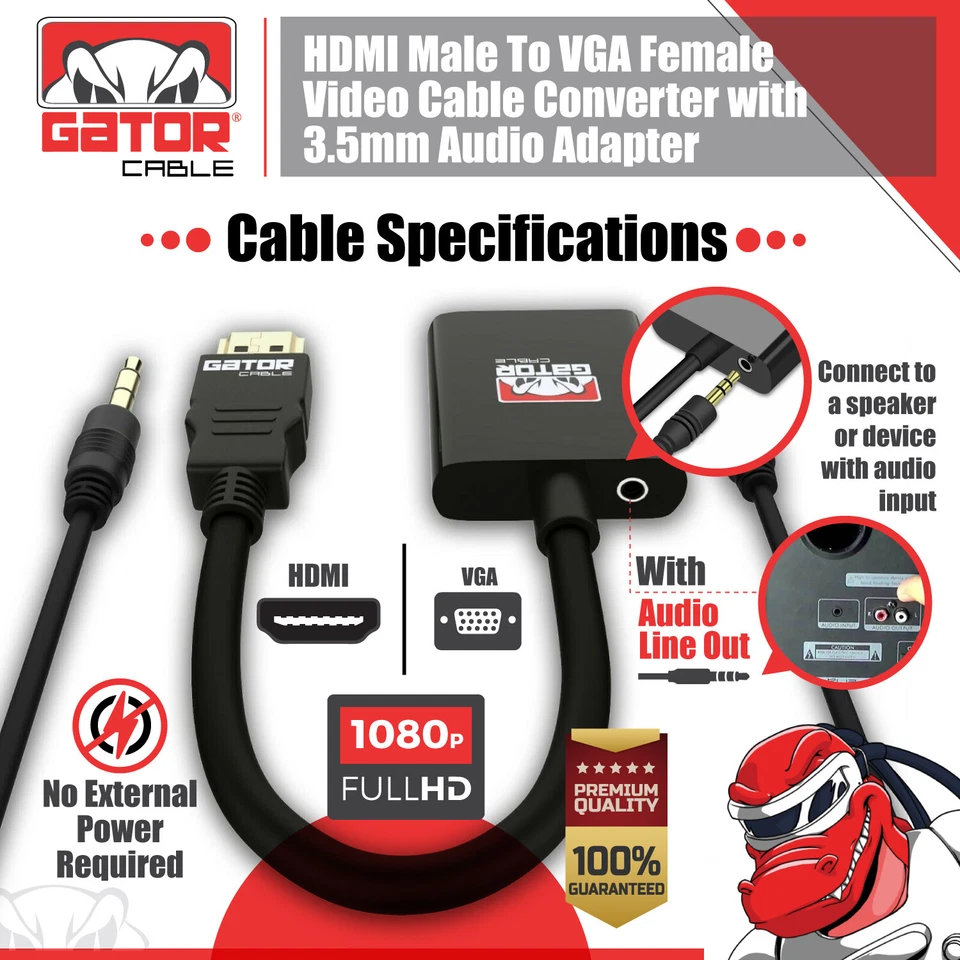 HDMI to VGA Adapter Video Audio with AUX 3.5mm Connector Cable Converter 1080P - Image 4 of 4