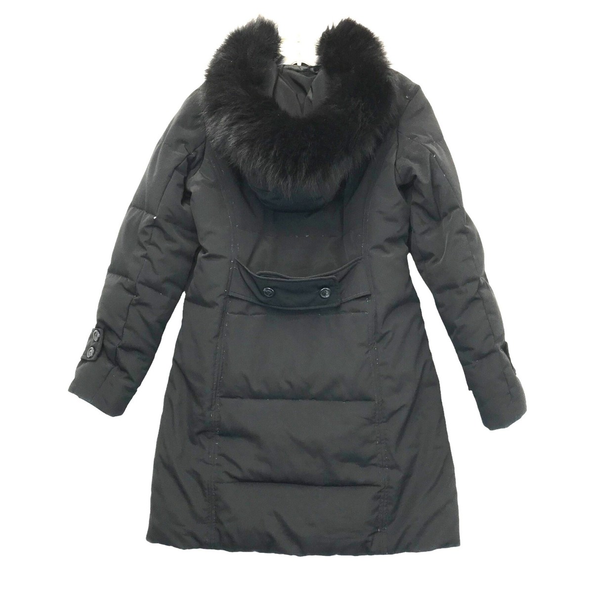 LARRY LEVINE Womens Down Puffer Coat With Hood XS Black Fox Fur Trim Mid  Length