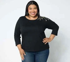 Attitudes by Renee Embroidered 3/4 Sleeve Knit Top-Black-XL-NEW-A655975