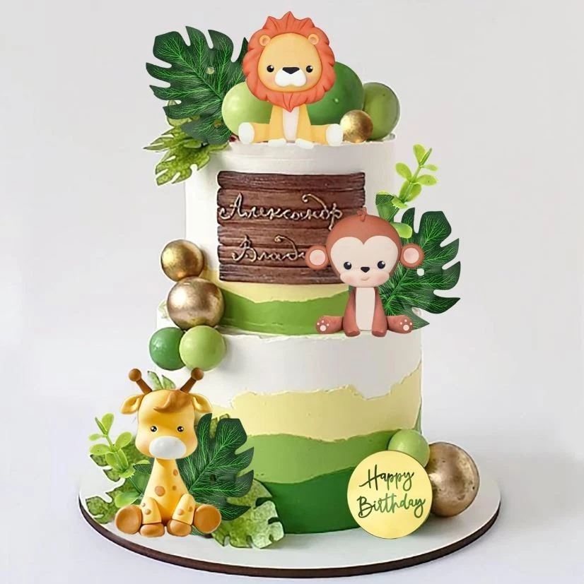 Jungle Safari Animal Cake Topper w/ Balls Palm Leaves Wild Theme Birthday Decor - Image 3 of 4
