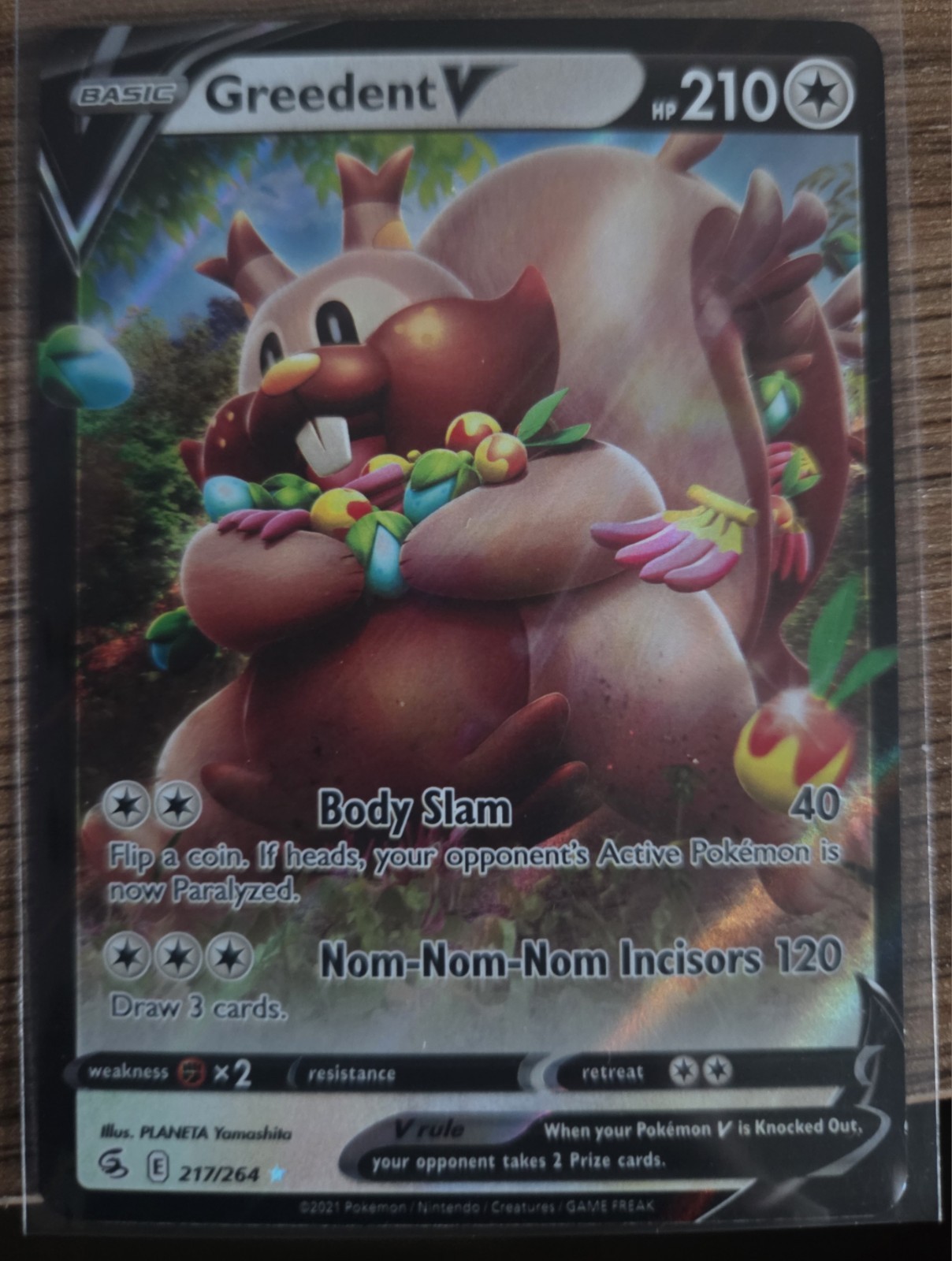 Pokemon Greedent v Ultra Rare Full Art Holo Card 217/264 SWSH08 Fusion Strike