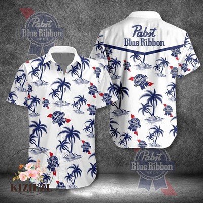 Pabst Blue Hawaiian Shirt, Button Up Shirt, Blue Ribbon Button Up Shirt _ ID 127