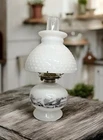 VTG Currier & Ives Milk Glass Oil Lamp w/ White Hobnail Milk Glass Shade 14”