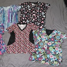 Lot of 5 Women's Medical Scrub Tops Patterned Multicolor- large