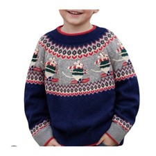 Mini Boden Skiing Mice Sweater Kids 9-10Y Blue Fair Isle Wool Blend Pullover