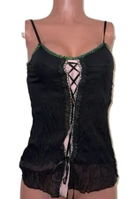 Y2K Fairycore Chiffon Lace Up Tunic Top L Black Sequins Glam 2K Deadstock W Tags