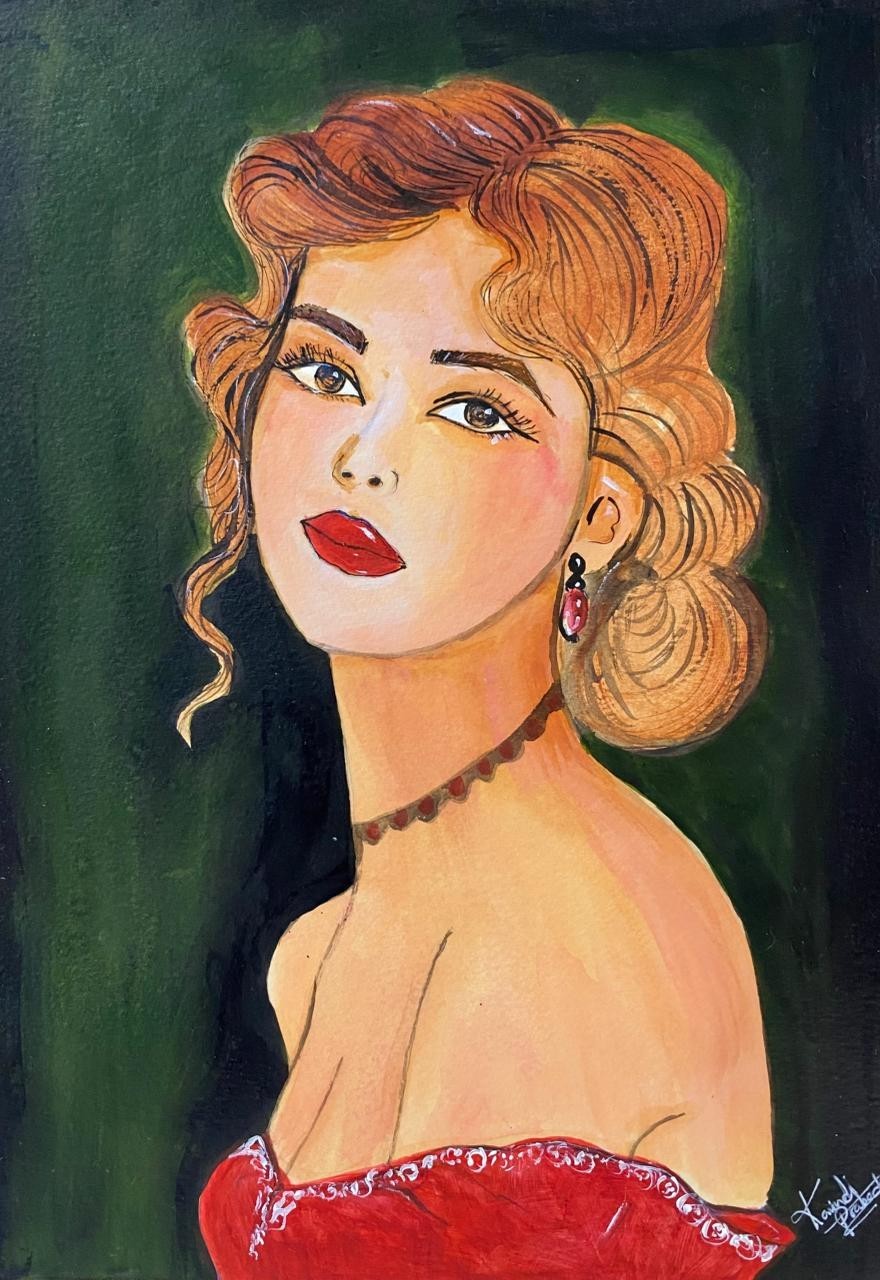 A4 Original Pintura Acrílica Elegante Vestido Rojo Mujer Bellezas Retrato Arte Moderno