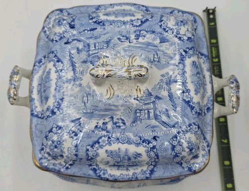 Antique Ridgway ORIENTAL 8” Blue/Gold Trimmed Serving Bowl W/ Lid VG Condition - Picture 5 of 12