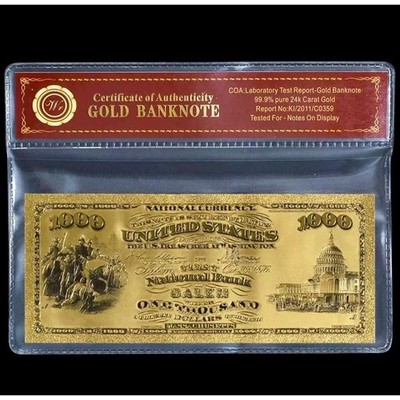 1875 US $1000 Gold Foil Banknote With bag and certificate