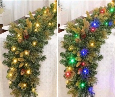 9FT Prelit Garland w/ Pine Cones, White & Multi-Color LED Lights, Remote Control