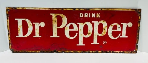 Rare Vintage Original Dr. Pepper Soda Advertising tin Sign 7" x 20" patina