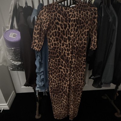 Alice + Olivia Brown/Black Leopard Print Midi Dress Round Neck 3/4 Sleeve 6