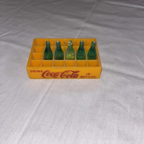 Vintage Drink Coca Cola Yellow Crate with 5 Miniature Plastic Green Bottles