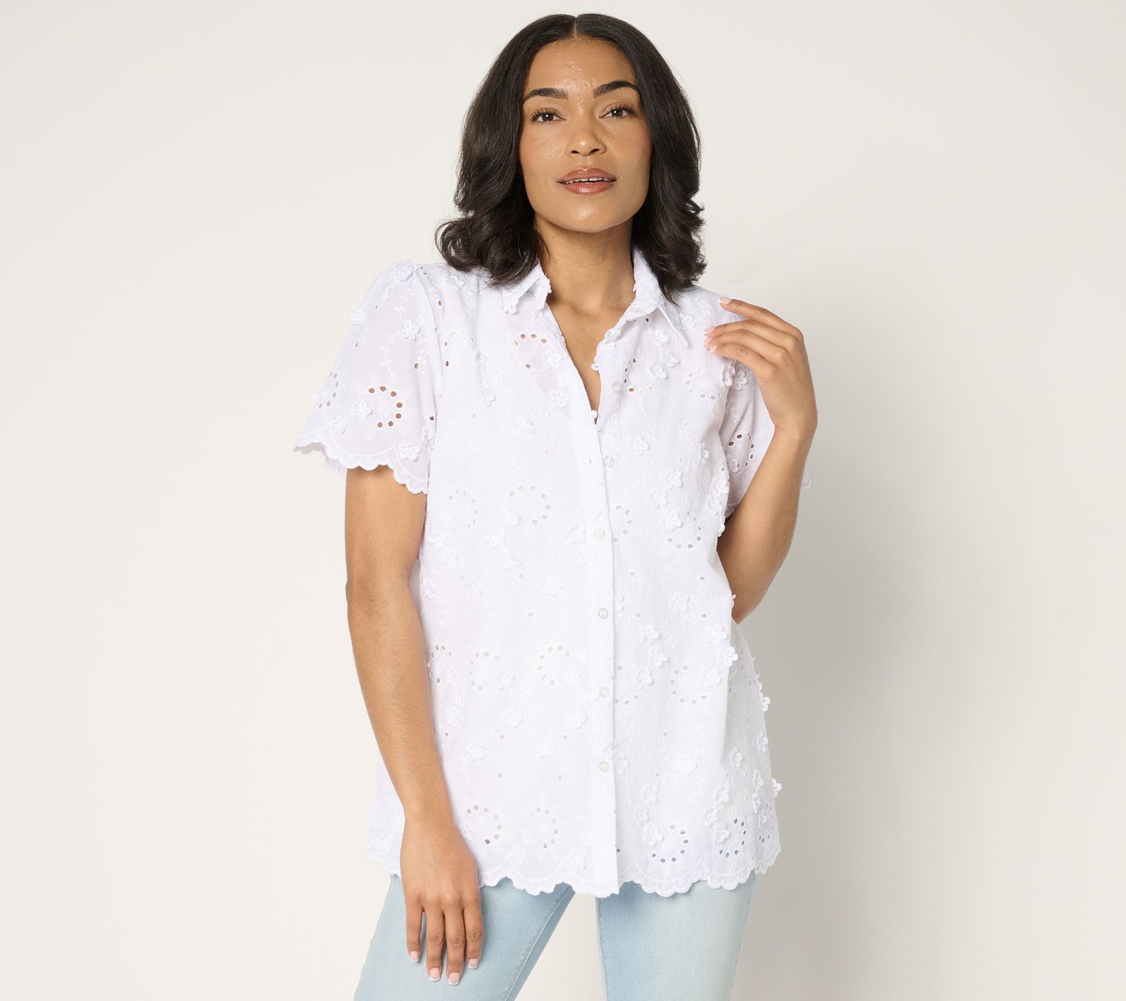 Susan Graver Women's Top Sz M PURE Eyelet Applique Button Front White A691324