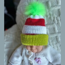 Christmas Knitted Striped Beanie Hat with Faux Fur Pompom Red-white- lime green